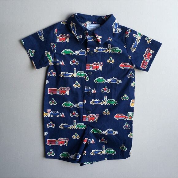 JACADI Navy Blue Car & Truck Print Short Collared Romper Boys 6 Mo